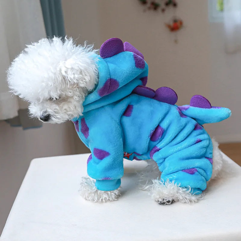 Cosplay Dinosaur Dog Halloween Costume for Small Dogs Dress Up Hoodies Thermal Velvet Padded Dog Pajamas Winter Puppy Jumpsuit