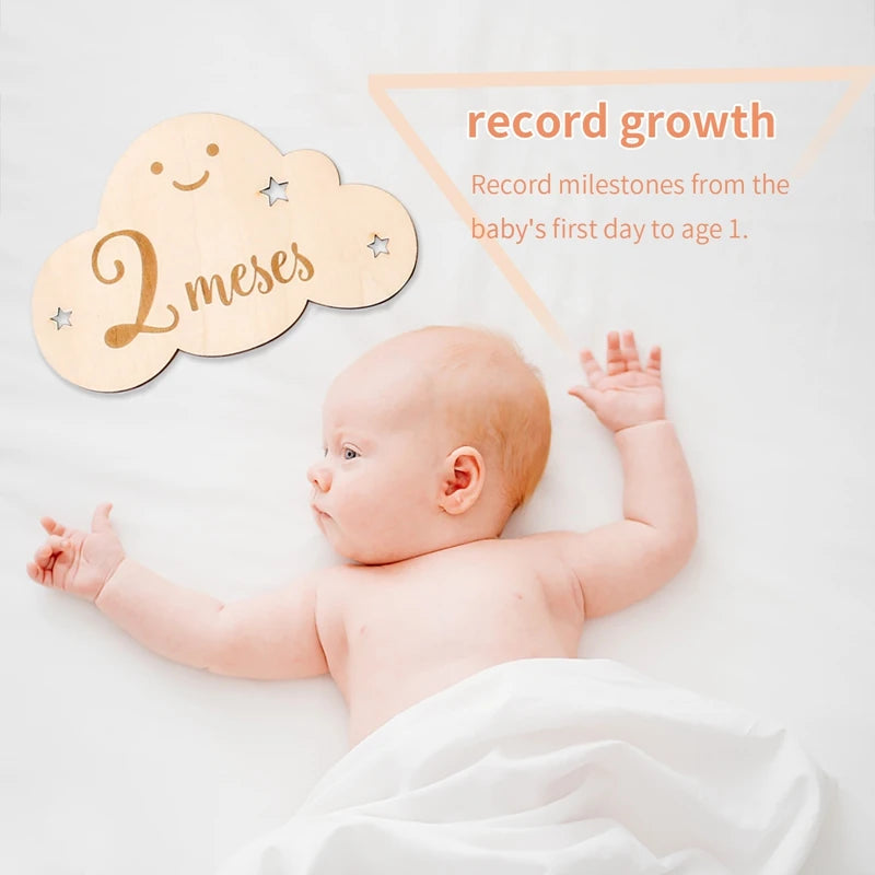 8pc/set Wooden Baby Milestone Card For Newborn Cute Cloud Shape Photography Props Accessories Month Cards Sticker Newborn Gifts