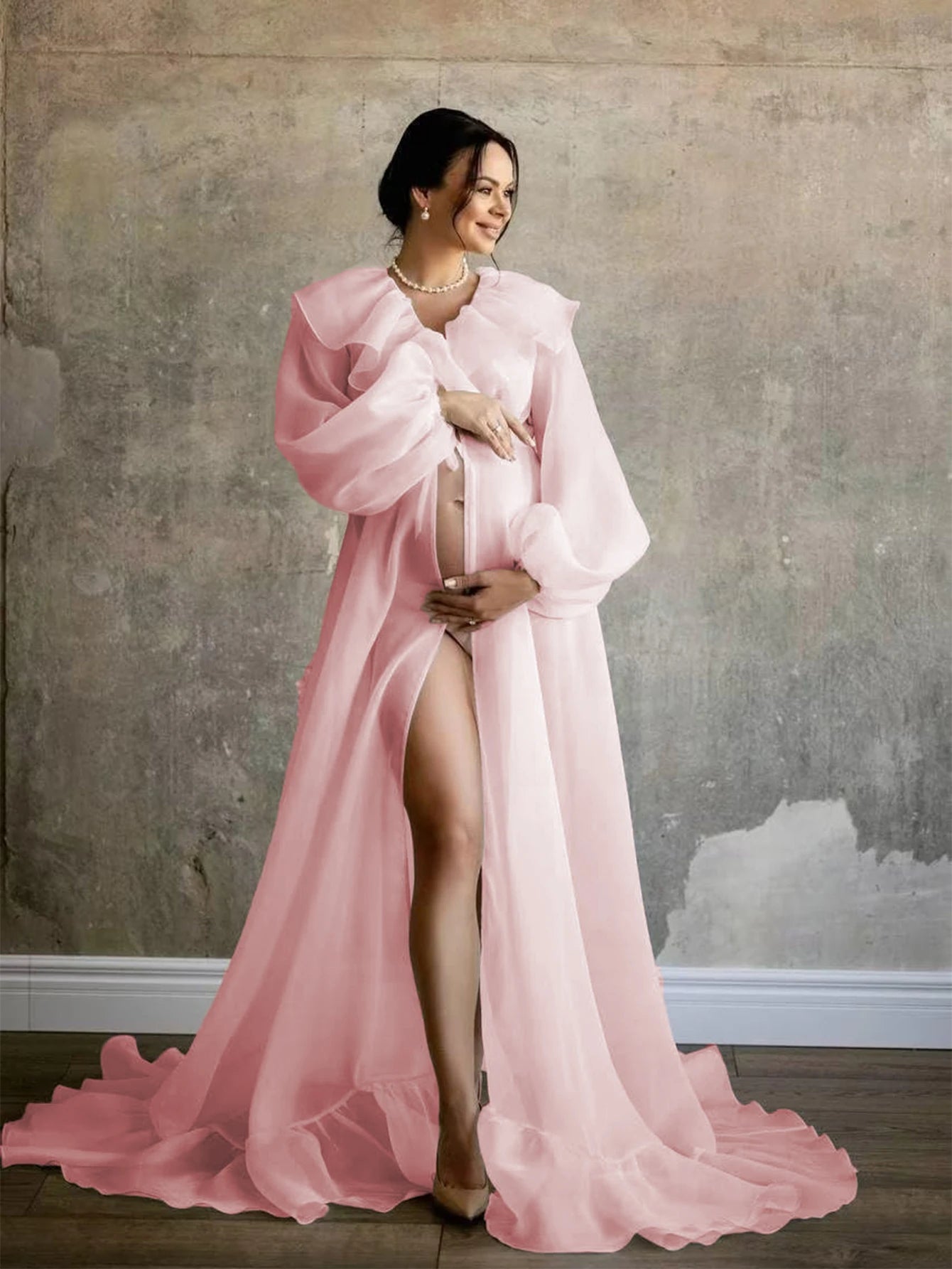 Maternity Photo Shoot Long Chiffon Dress Ruffle Neck Lantern Sleeve With Tie Cord Pregnancy Robe For Baby Shower