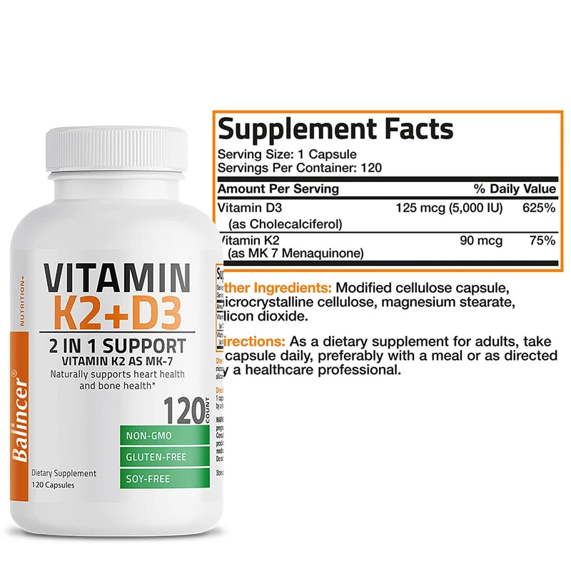 Vitamin D3 K2 2-in-1 Support, Dietary Supplement, Natural Support for Heart and Bone Health, Highly Absorbed, 120 Capsules