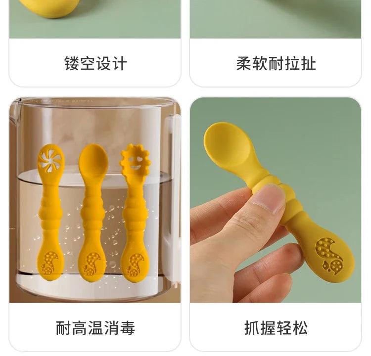 3PCS Silicone Spoon Fork For Baby Utensils Set Feeding Food Toddler Learn To Eat Training Soft Fork Cutlery Children's Tableware