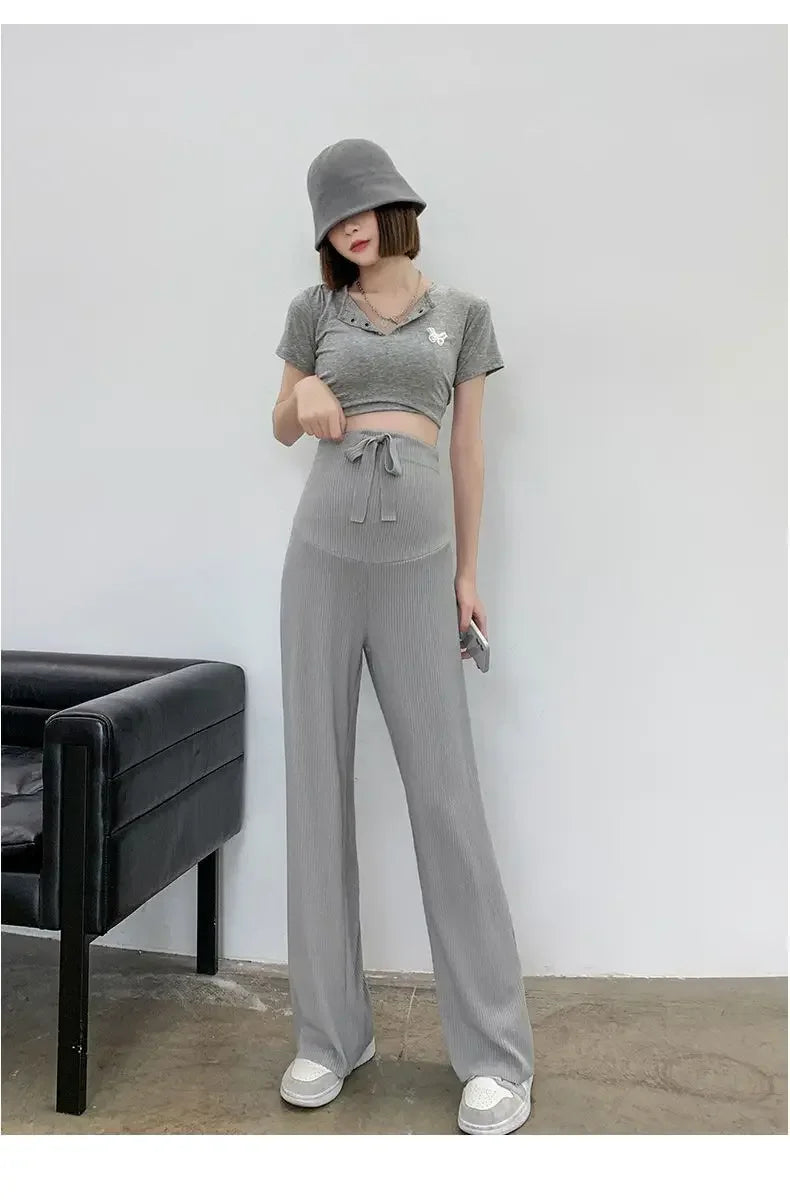 Maternity Bell Bottom Pants Summer Thin Style Casual Loose Fit Straight Leg Pregnancy Clothes For Expecting Mothers