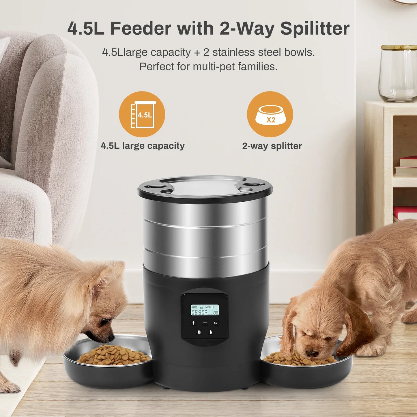 4.5L Button WiFi Automatic Cat Feeder Includes Two Stainless Steel Bowls Smart Pet Cat and Dogs Food Dispenser Feeder Pet Feeder