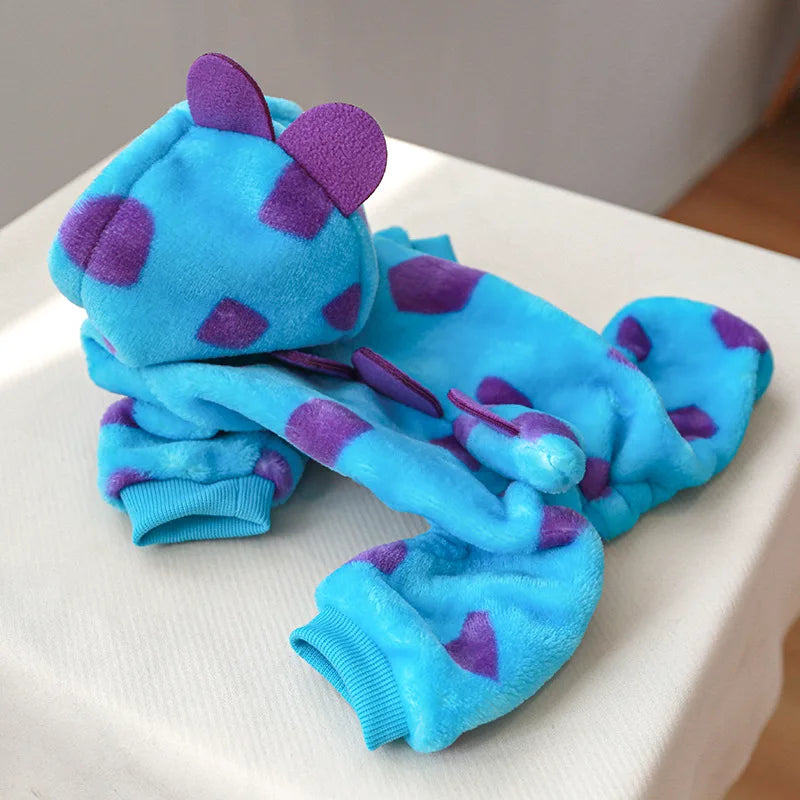 Cosplay Dinosaur Dog Halloween Costume for Small Dogs Dress Up Hoodies Thermal Velvet Padded Dog Pajamas Winter Puppy Jumpsuit