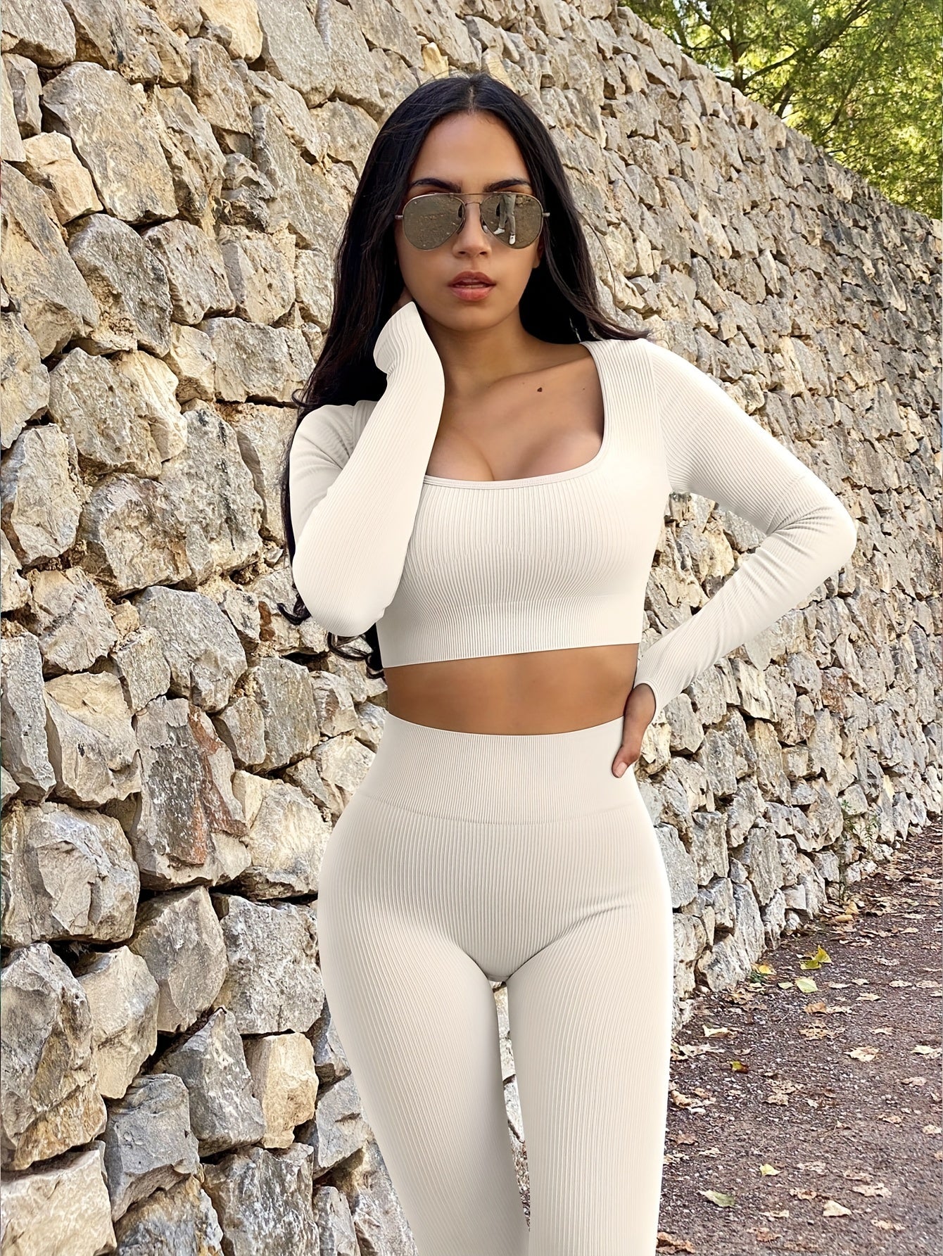 OQQ Women's 2 Piece Crop Top Ribbed Seamless Workout Exercise Long Sleeve Crop Tops