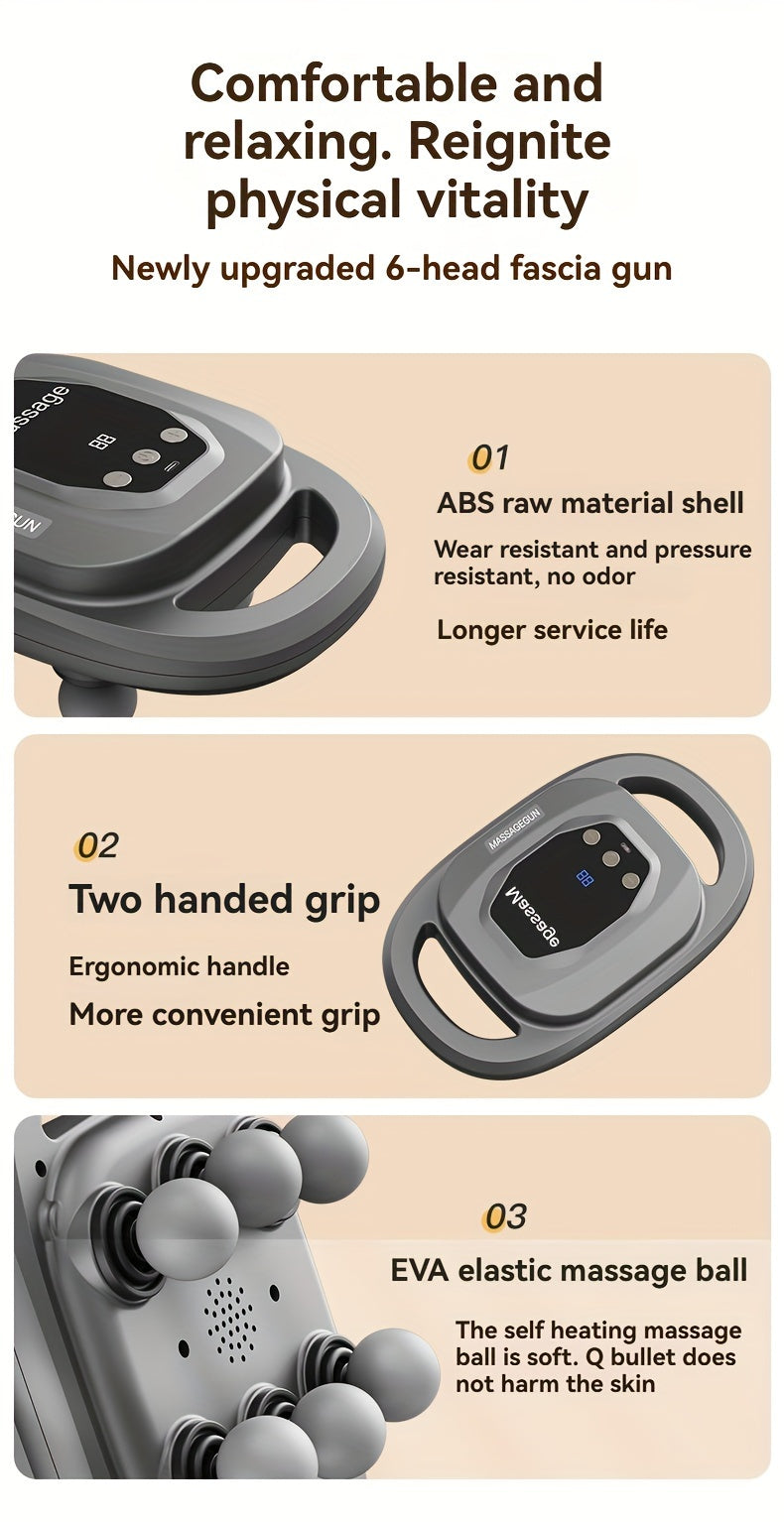 Six-Head Percussion Massage Gun - Universal Fit, USB Rechargeable Deep Tissue Massager with 9 Modes, Enhanced Battery Life, ABS Construction, Lithium 18650 Series Battery for Fitness & Exercise Recovery