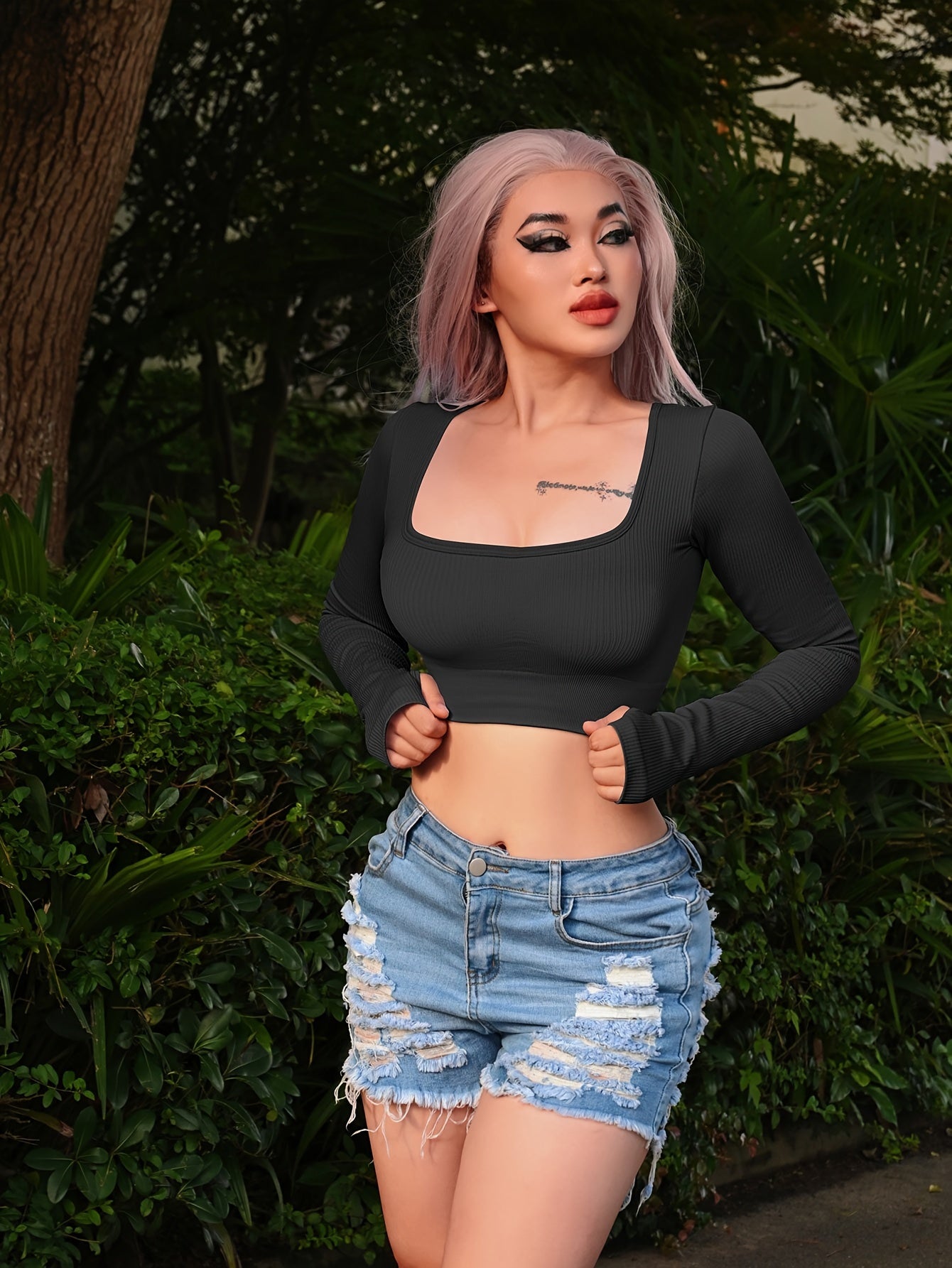 OQQ Women's 2 Piece Crop Top Ribbed Seamless Workout Exercise Long Sleeve Crop Tops