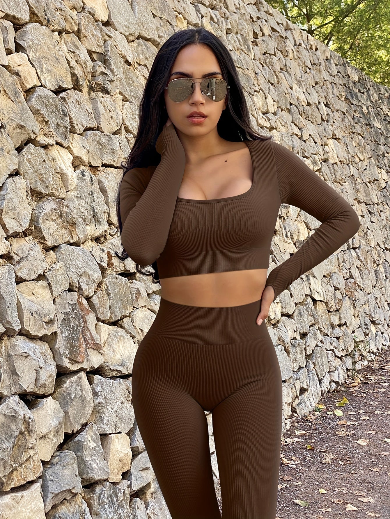 OQQ Women's 2 Piece Crop Top Ribbed Seamless Workout Exercise Long Sleeve Crop Tops