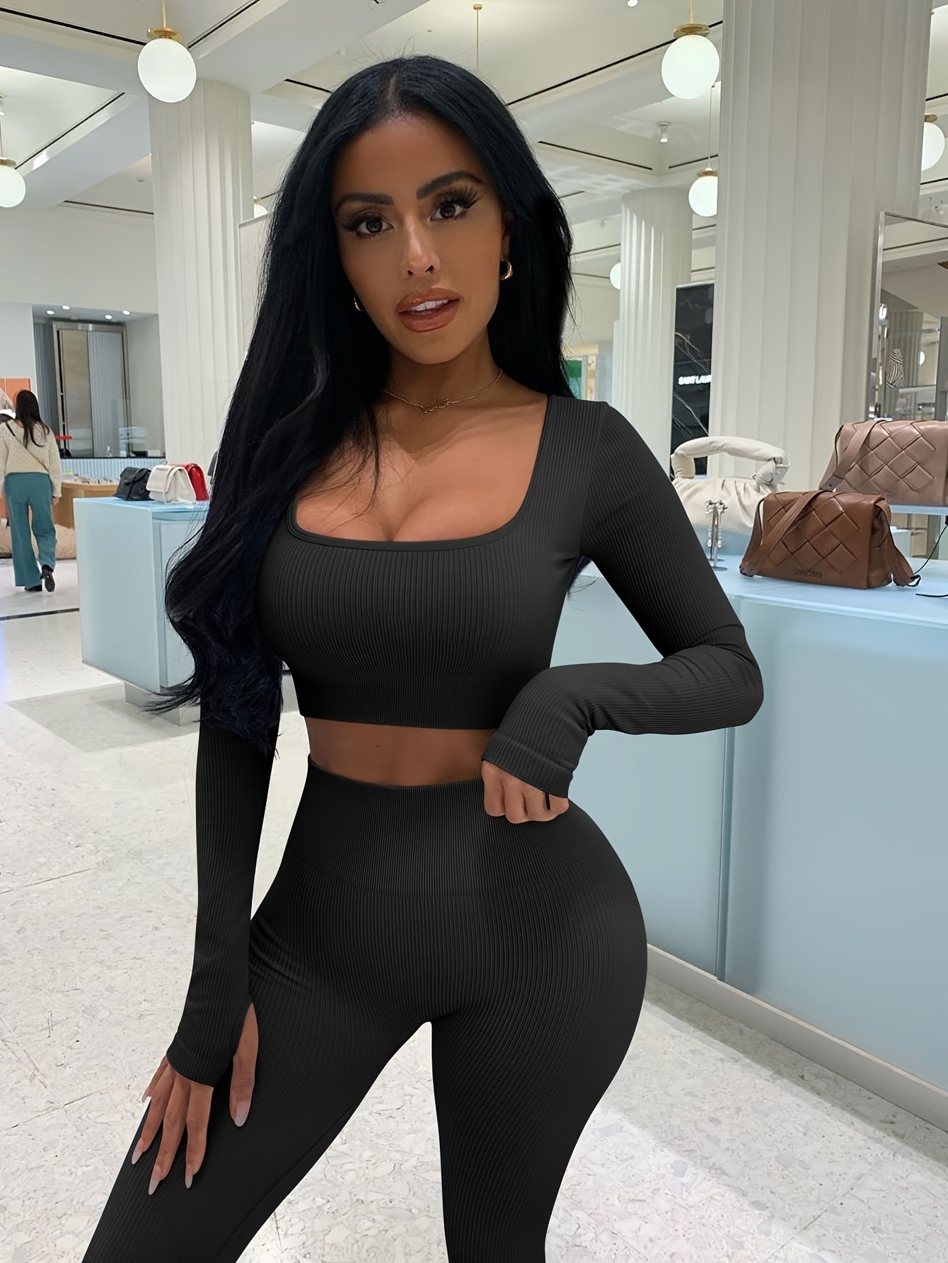 OQQ Women's 2 Piece Crop Top Ribbed Seamless Workout Exercise Long Sleeve Crop Tops