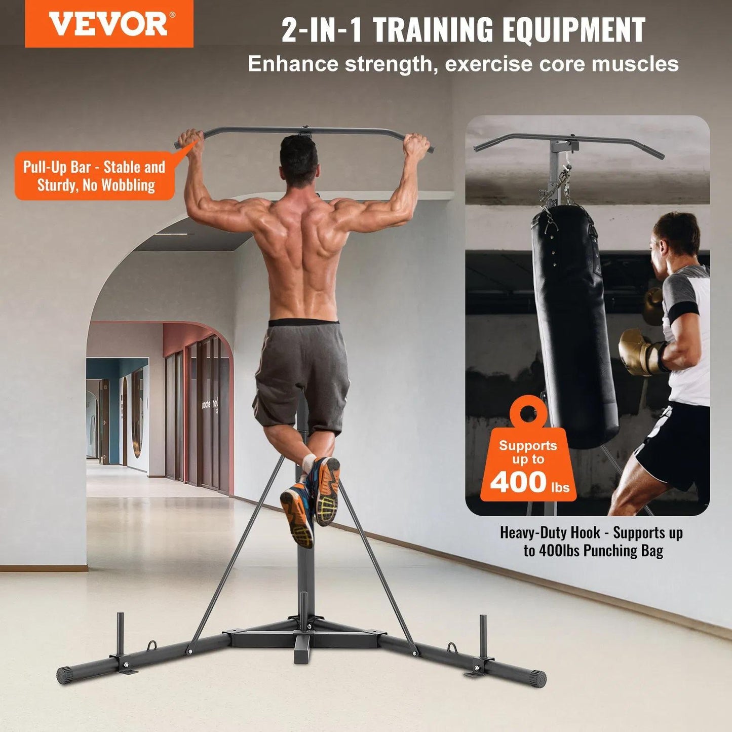 VEVOR 2 in 1 Punching Bag Stand Steel Heavy Duty Workout Equipment Adjustable Height Boxing Punching Bag Stand with Pull Up Bar Freestanding Sandbag Rack Holds Up to 400 lbs for Home Gym Fitness