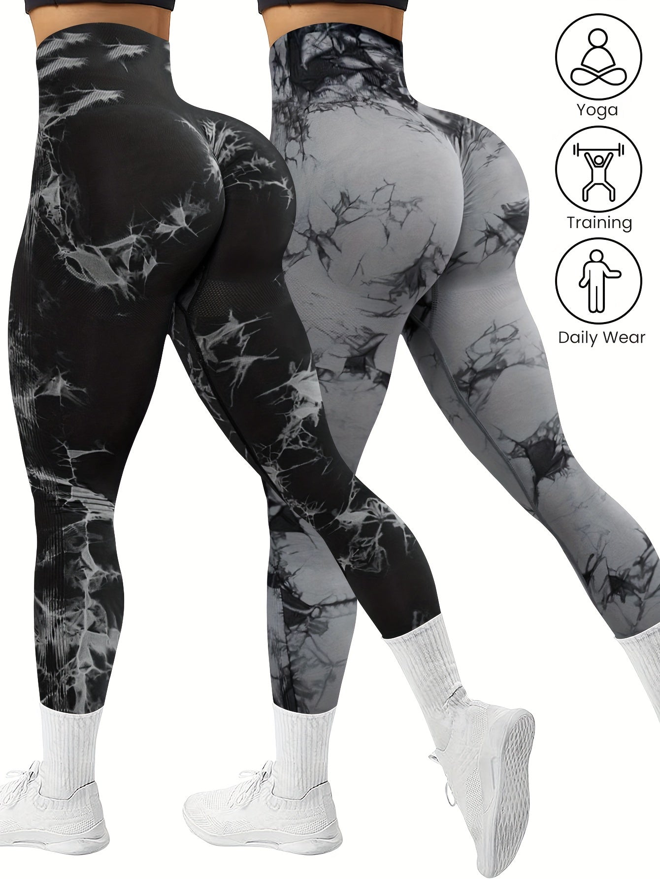 2-Pack Seamless High Stretch Women's Tie-Dye Sports Leggings, Athletic Workout Pants, Comfort Fit Activewear for Gym & Home Exercise