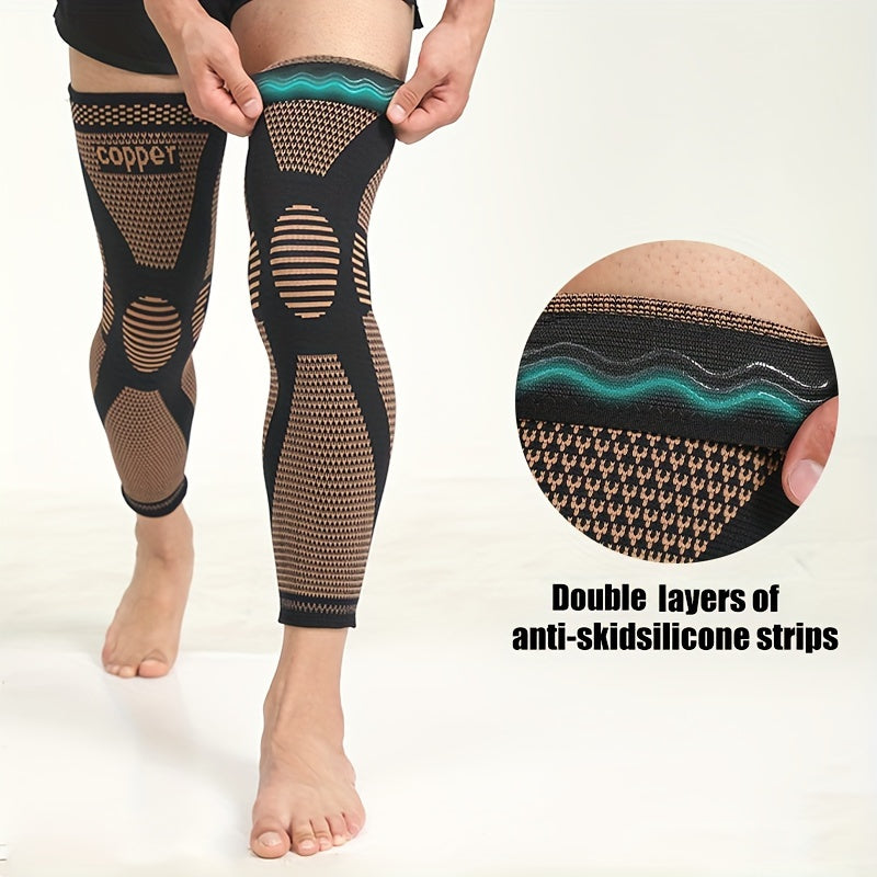 2pcs Extended Copper Ion Fiber Knitted Knee Pad, Copper Fiber Four Sided Elastic Nylon Knee Pads, Thickened For Warmth, Breathable Sports Knee Support For Running, Work Out, Gym, Hiking, Athletic Fitness & Exercise