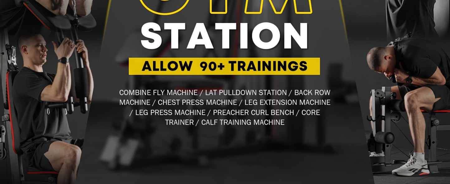 10-in-1 Home Gym Station with 150LBS Weight Stack, All-in-One Workout Equipment for Full Body Training, Multi-Functional Iron Gym Machine with Fly, Lat Pull Down, Chest Press, Leg Extension, Preacher Curl, Core & Calf Trainin