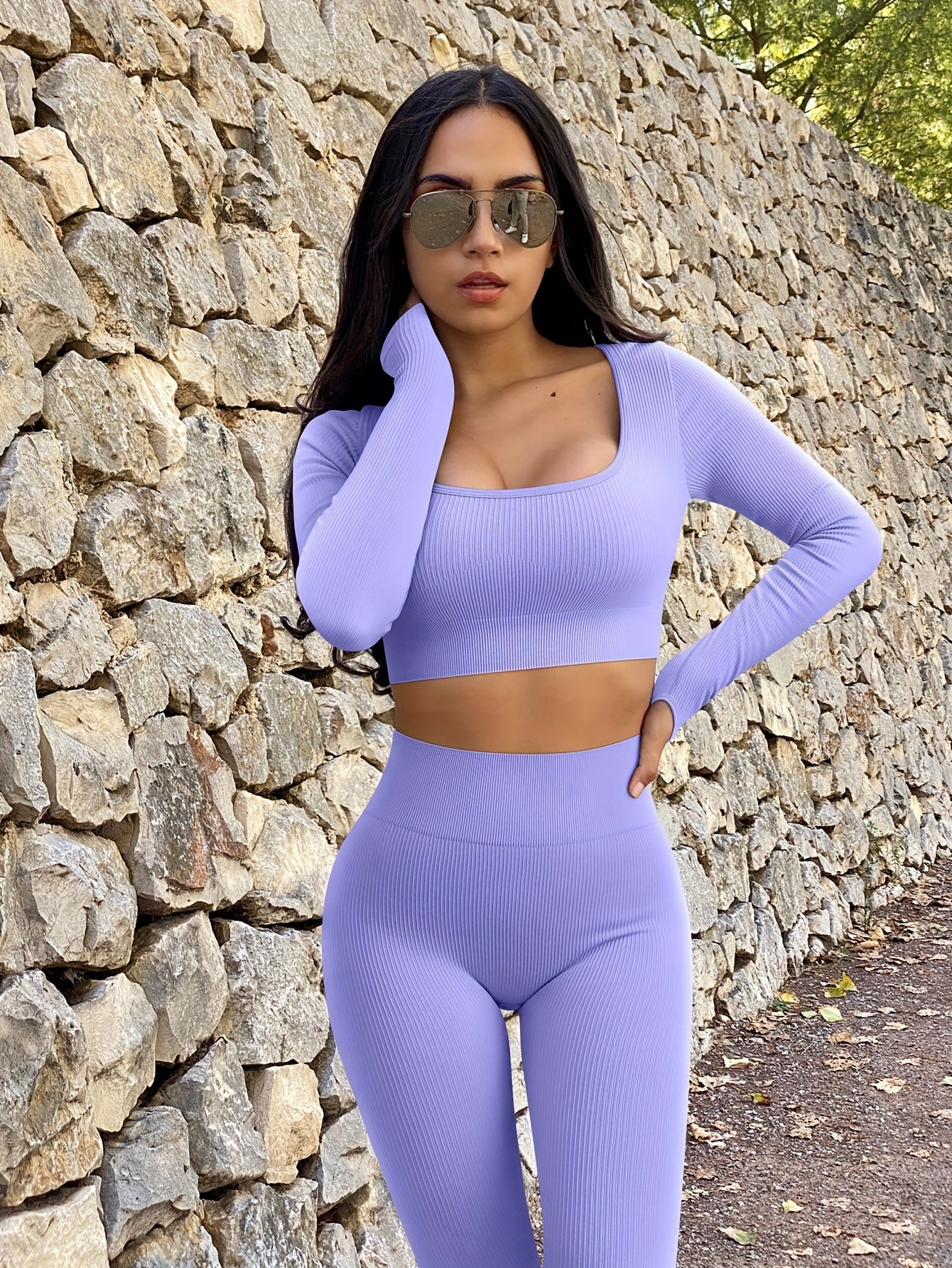 OQQ Women's 2 Piece Crop Top Ribbed Seamless Workout Exercise Long Sleeve Crop Tops