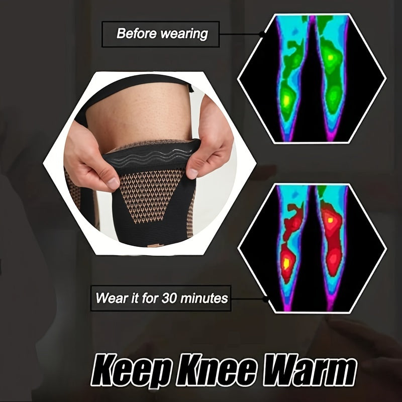 2pcs Extended Copper Ion Fiber Knitted Knee Pad, Copper Fiber Four Sided Elastic Nylon Knee Pads, Thickened For Warmth, Breathable Sports Knee Support For Running, Work Out, Gym, Hiking, Athletic Fitness & Exercise