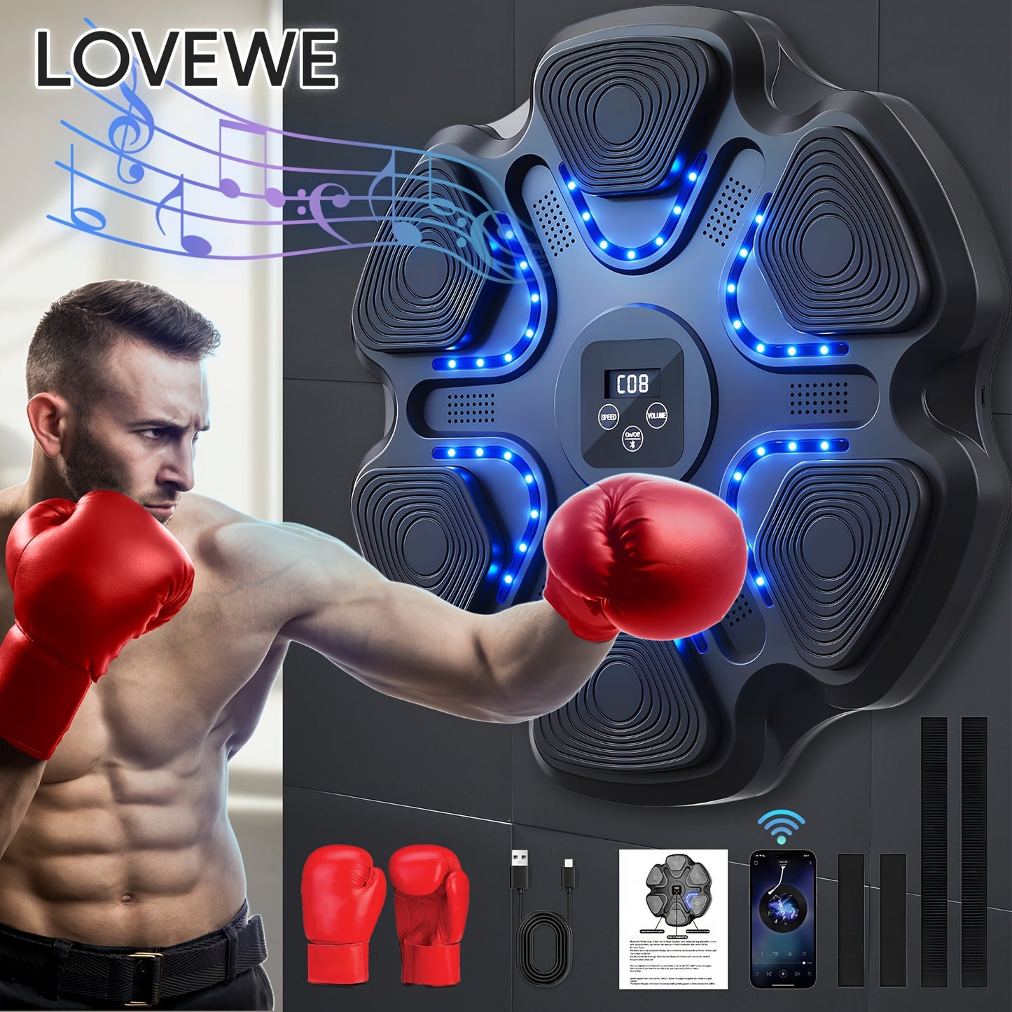 Music Boxing Machine - LOVEWE Wall Mounted Workout Equipment For Adults With Boxing Gloves - Home Boxing Target Machine