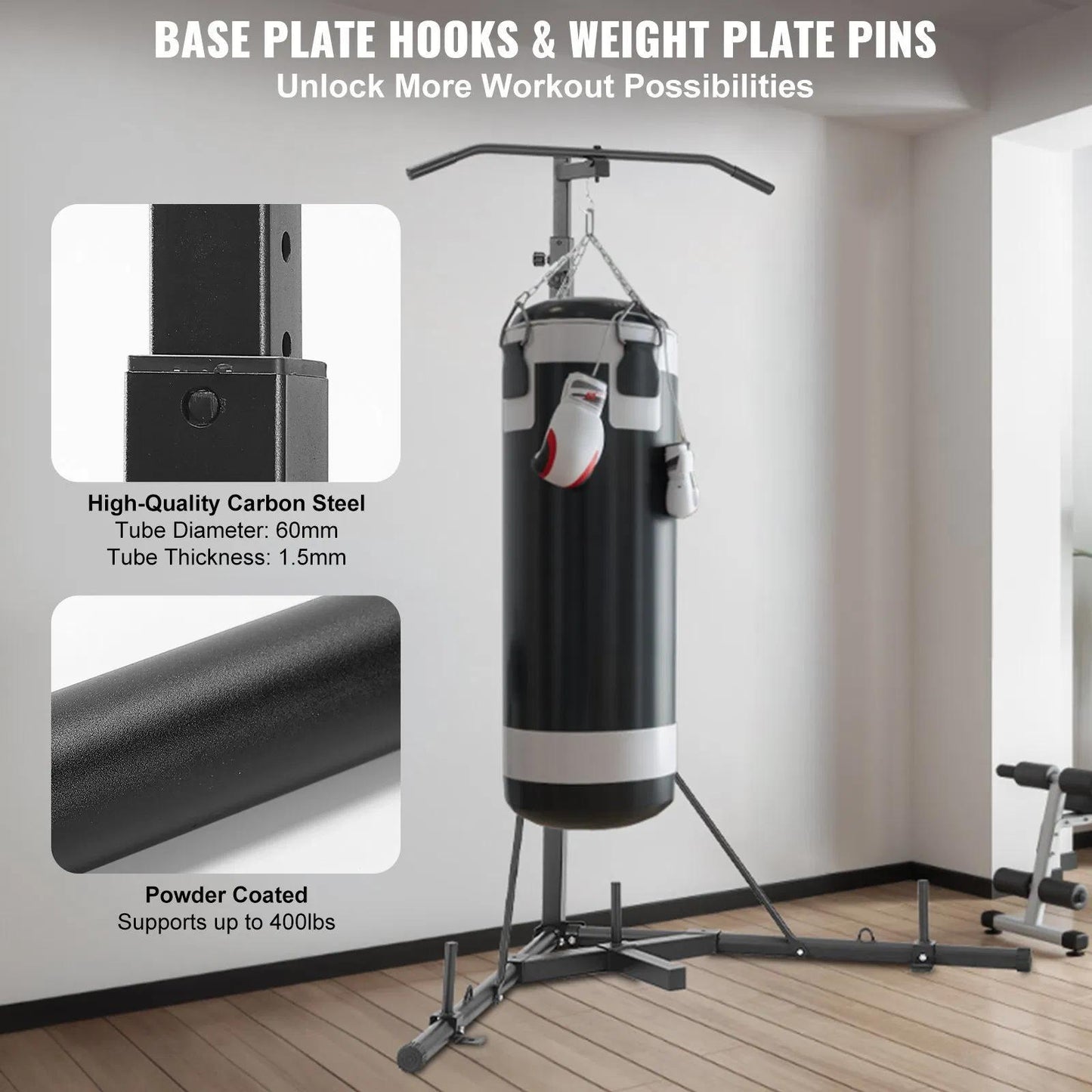 VEVOR 2 in 1 Punching Bag Stand Steel Heavy Duty Workout Equipment Adjustable Height Boxing Punching Bag Stand with Pull Up Bar Freestanding Sandbag Rack Holds Up to 400 lbs for Home Gym Fitness