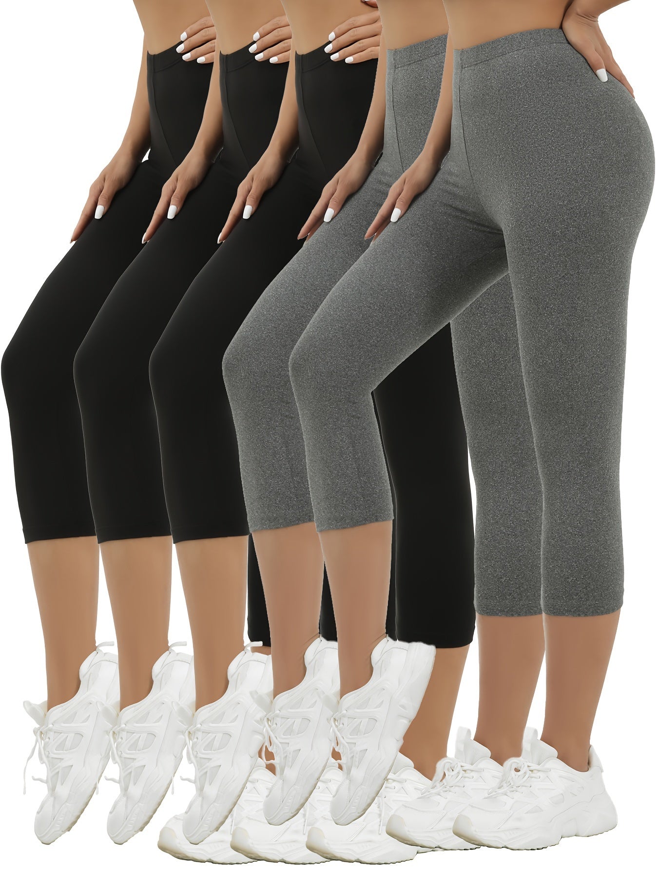 5-Pack Womens Capri Leggings - Ultra-Stretchy, Silky Smooth, Opaque Fabric for Maximum Comfort - Ideal for Fitness, Exercise, Running, Yoga, and Active Lifestyle with Endless Outfit Options