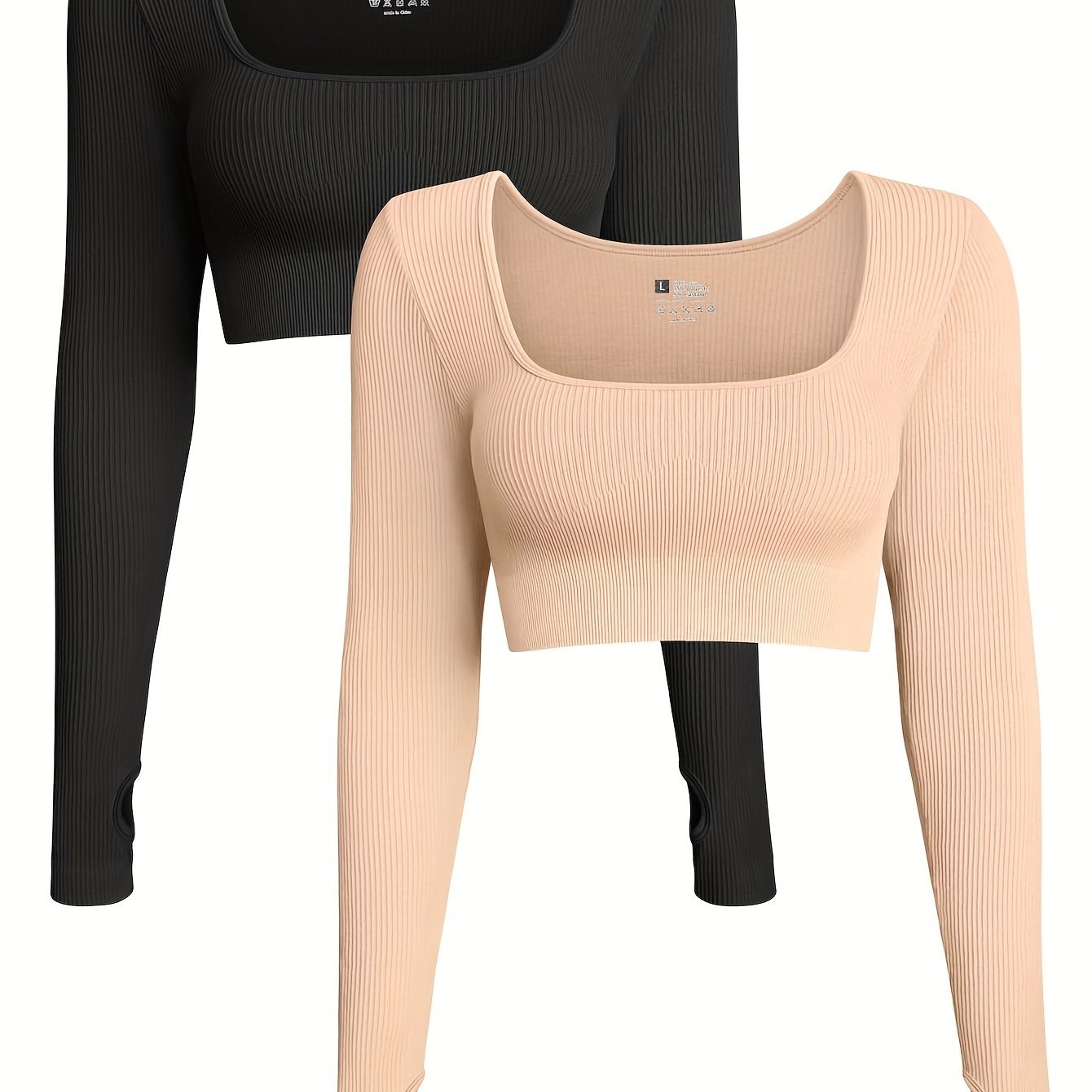 OQQ Women's 2 Piece Crop Top Ribbed Seamless Workout Exercise Long Sleeve Crop Tops