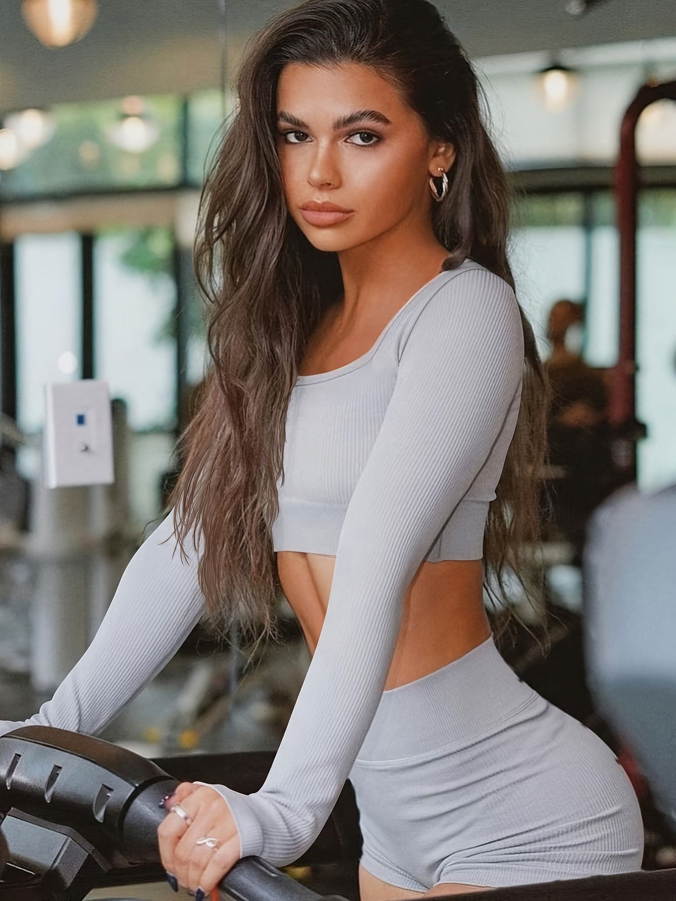 OQQ Women's 2 Piece Crop Top Ribbed Seamless Workout Exercise Long Sleeve Crop Tops
