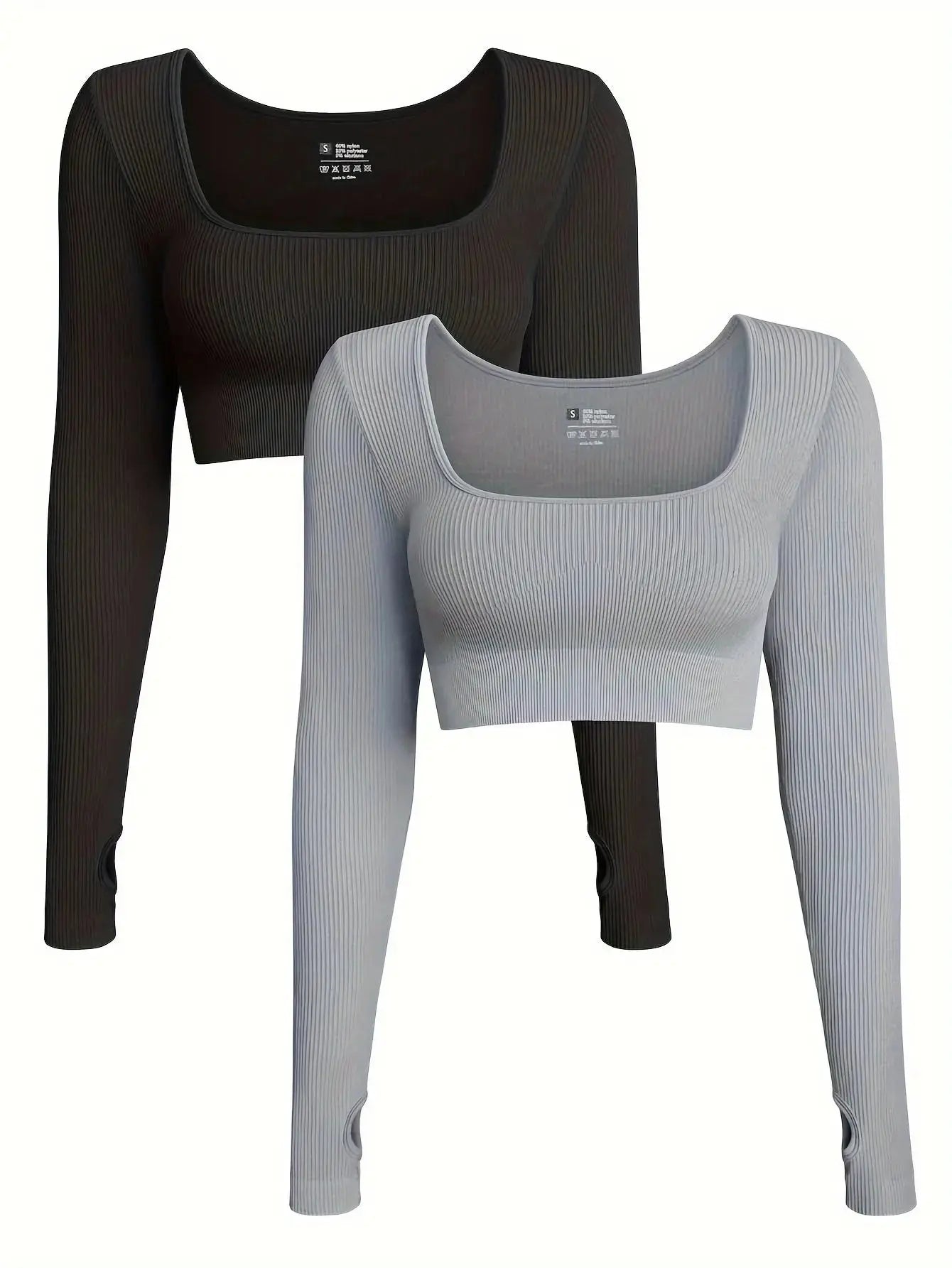OQQ Women's 2 Piece Crop Top Ribbed Seamless Workout Exercise Long Sleeve Crop Tops Nova Trendz