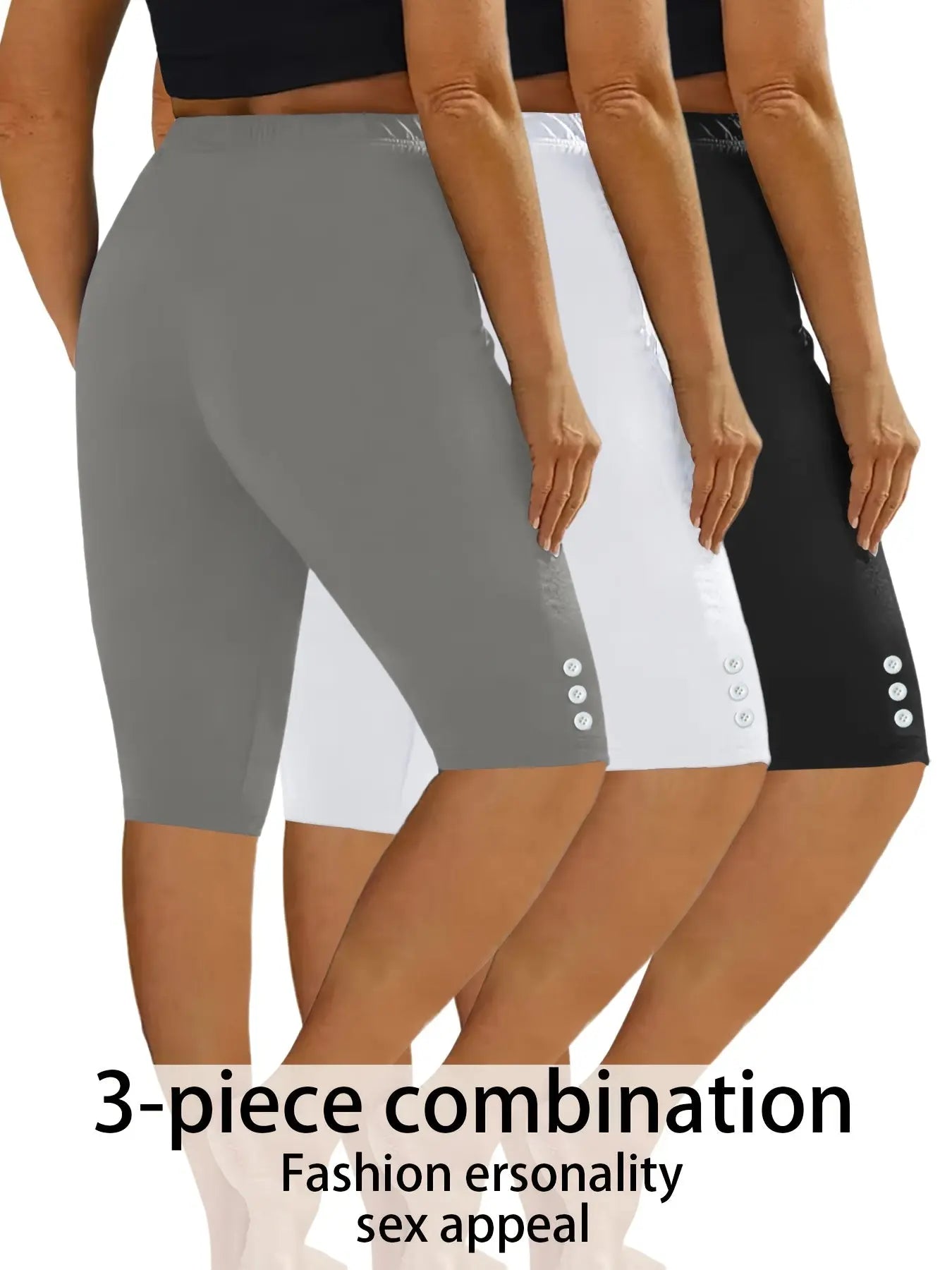 3-Pack Women's Fashion Casual Athletic Shorts - Solid Colors With Side Button Detail, Elastic Waistband, Comfy Sportswear For Daily Wear & Exercise - For Women - Suitable for Sports, Workouts & Casual Wear - Great Gift for Ac Nova Trendz