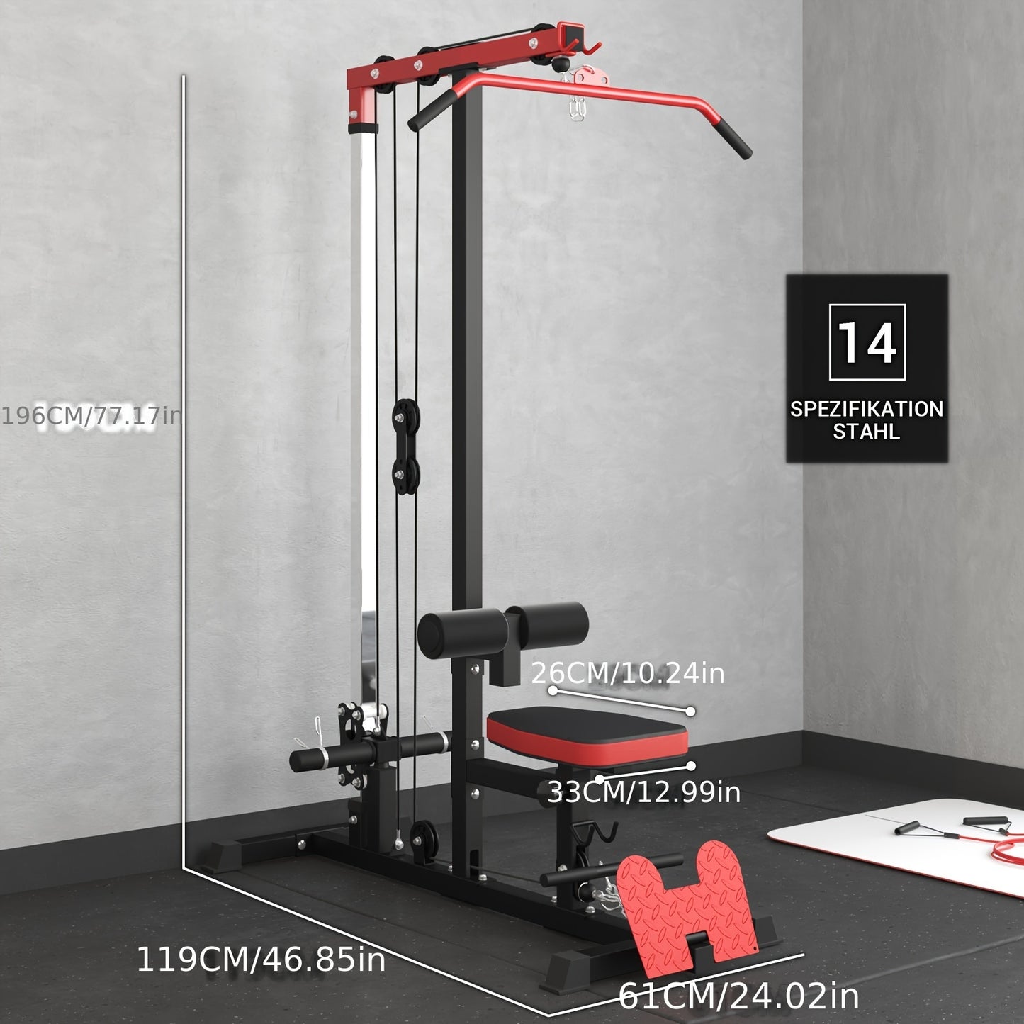 Home Gym LAT Machine - Ultimate Back Exercise Equipment for Low Strength Aids - Flip-Up Footplate, High and Low Pulley Station, Space-Saving Design for Effective Lat Pull Downs, Rows and More
