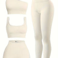 OQQ Women's 4pcs Ribbed Exercise Scoop Neck Sports One Shoulder High Waist Legging Active Set Bra Shorts Outfit, Beige, Large Nova Trendz