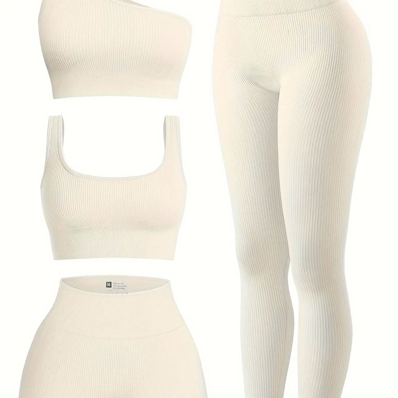 OQQ Women's 4pcs Ribbed Exercise Scoop Neck Sports One Shoulder High Waist Legging Active Set Bra Shorts Outfit, Beige, Large Nova Trendz