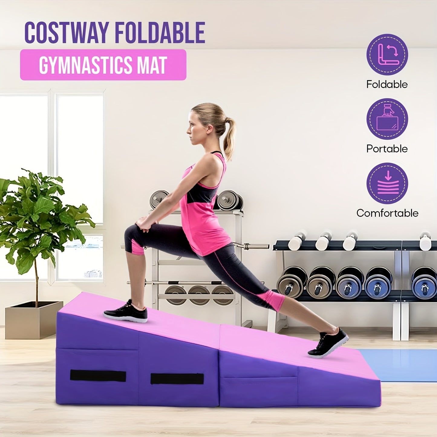 Gymnastics Mat Incline Tumbling Mats Yoga Mat For Home Gym, Folding Exercise Mat With Non-Slip PU Surface & Handles, Cheese Wedge Mat