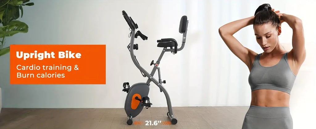 Folding Exercise Bike, Stationary Exercise Bike With Support Back Pad And Phone/Tablet Holder, Arm Resistance Band Pulse Sensor, LCD Monitor For Home Workout Nova Trendz