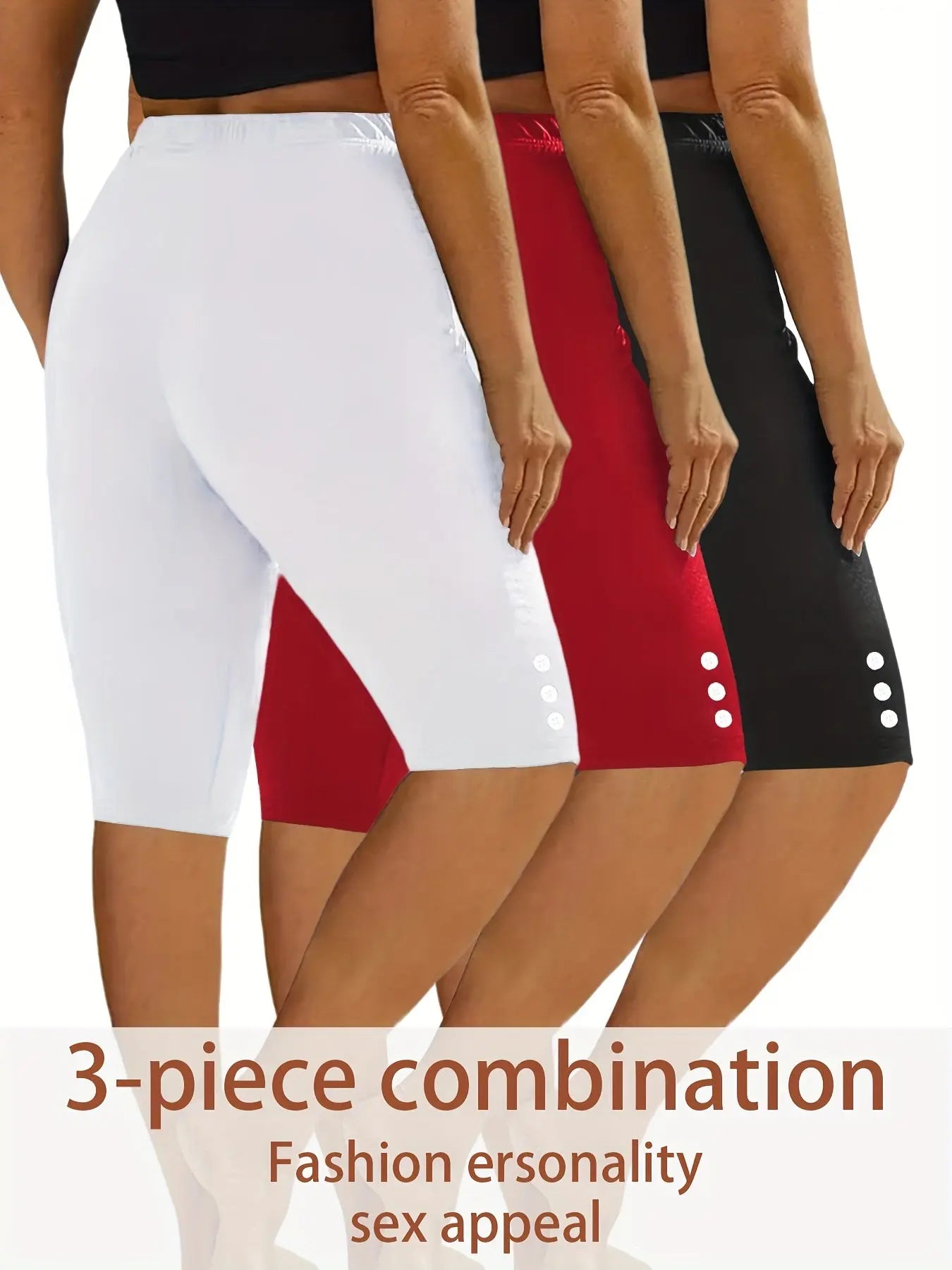 3-Pack Women's Fashion Casual Athletic Shorts - Solid Colors With Side Button Detail, Elastic Waistband, Comfy Sportswear For Daily Wear & Exercise - For Women - Suitable for Sports, Workouts & Casual Wear - Great Gift for Ac Nova Trendz