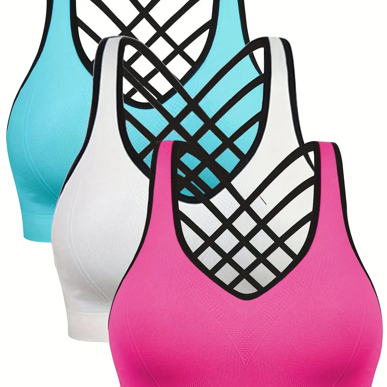 3pcs Women'S Sports Bra Set - Short, Removable Padding, Light Support, Cross Strap Design for Yoga & Exercise, Pink, White, and Blue Options, Yoga Apparel | Stylish Sports Bra | Comfortable Fit, Sports Bra Set Nova Trendz
