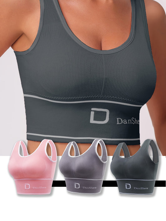 3-piece Set, No Steel Ring Stretch Exercise Fitness Bra, Spring And Autumn Style Running Casual Gym Yoga Underwear