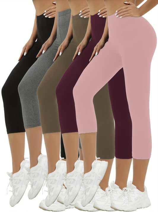 5-Pack Womens Capri Leggings - Ultra-Stretchy, Silky Smooth, Opaque Fabric for Maximum Comfort - Ideal for Fitness, Exercise, Running, Yoga, and Active Lifestyle with Endless Outfit Options
