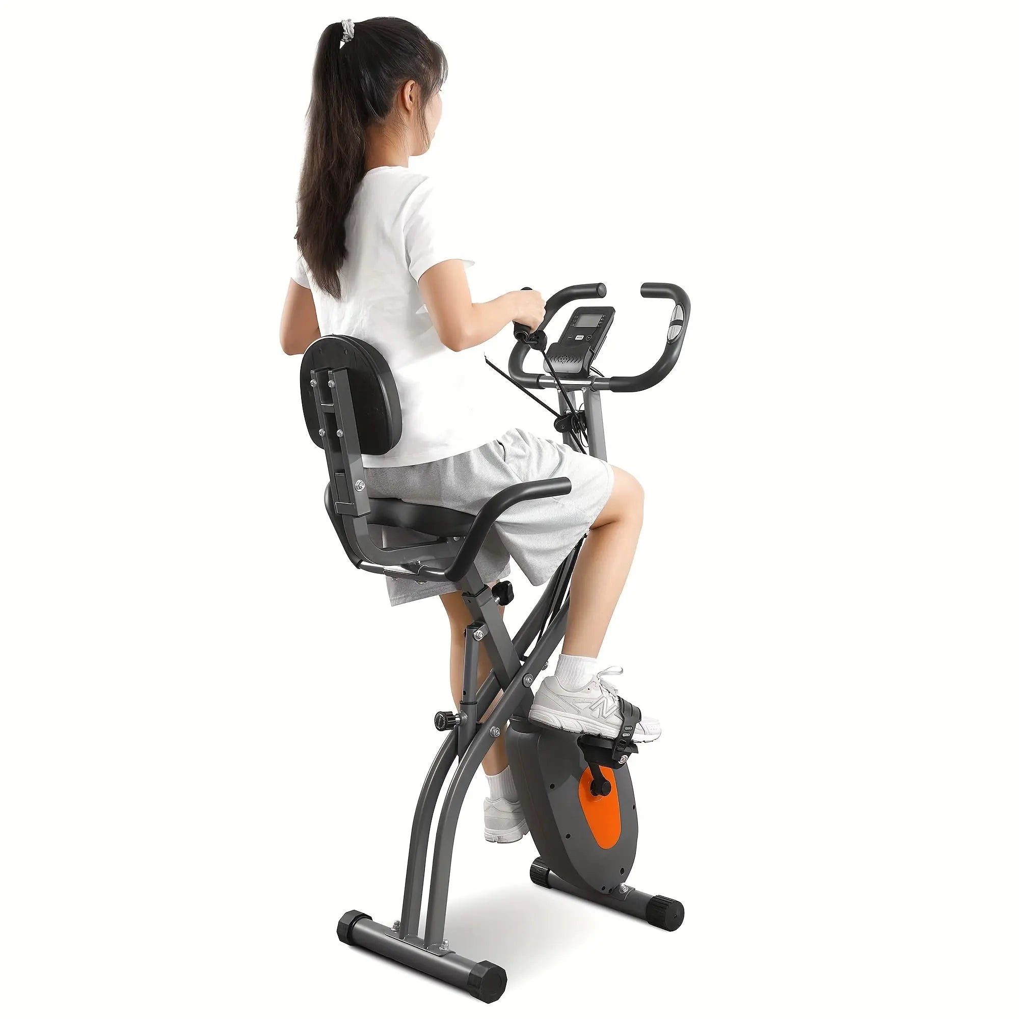 Folding Exercise Bike, Stationary Exercise Bike With Support Back Pad And Phone/Tablet Holder, Arm Resistance Band Pulse Sensor, LCD Monitor For Home Workout Nova Trendz