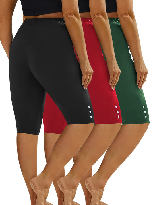 3-Pack Women's Fashion Casual Athletic Shorts - Solid Colors With Side Button Detail, Elastic Waistband, Comfy Sportswear For Daily Wear & Exercise - For Women - Suitable for Sports, Workouts & Casual Wear - Great Gift for Ac