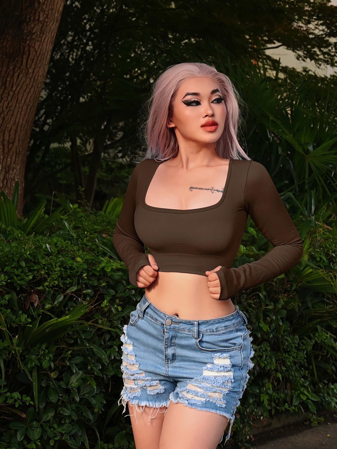 OQQ Women's 2 Piece Crop Top Ribbed Seamless Workout Exercise Long Sleeve Crop Tops