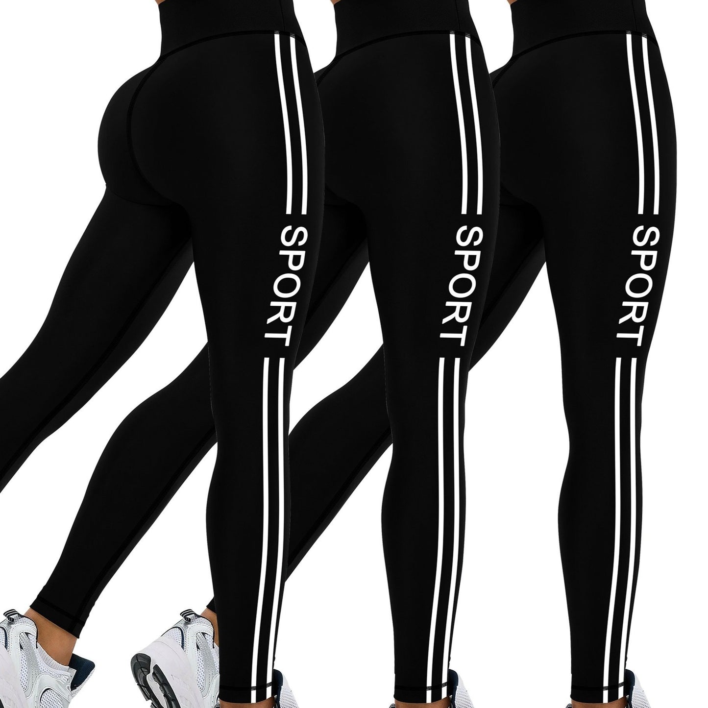 [Popular Choice] 3pcs Side Stripe Letter Print Running Training Fitness Yoga Black Tights, Outdoor Sports Exercise Elastic Abdominal High Waist Fashion Leggings, Women's Sportswear Tights