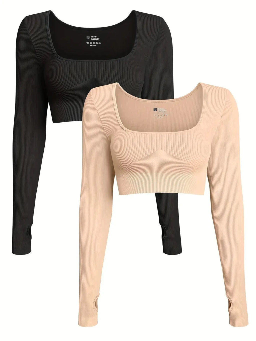 OQQ Women's 2 Piece Crop Top Ribbed Seamless Workout Exercise Long Sleeve Crop Tops Nova Trendz