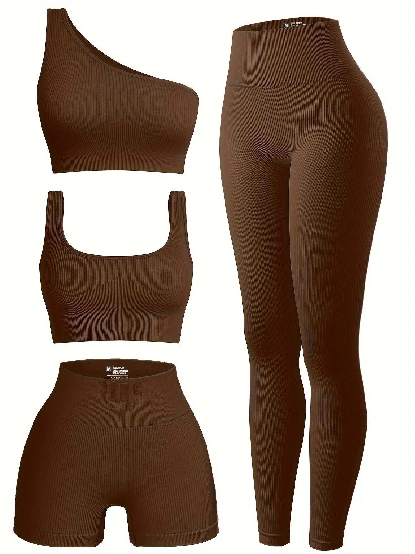 OQQ Women's 4pcs Ribbed Exercise Scoop Neck Sports One Shoulder High Waist Legging Active Set Bra Shorts Outfit, Beige, Large Nova Trendz