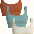 Women's 3 Piece Tank Tops Ribbed Seamless Solid Color Comfy Workout Exercise Everyday Bra Set Nova Trendz