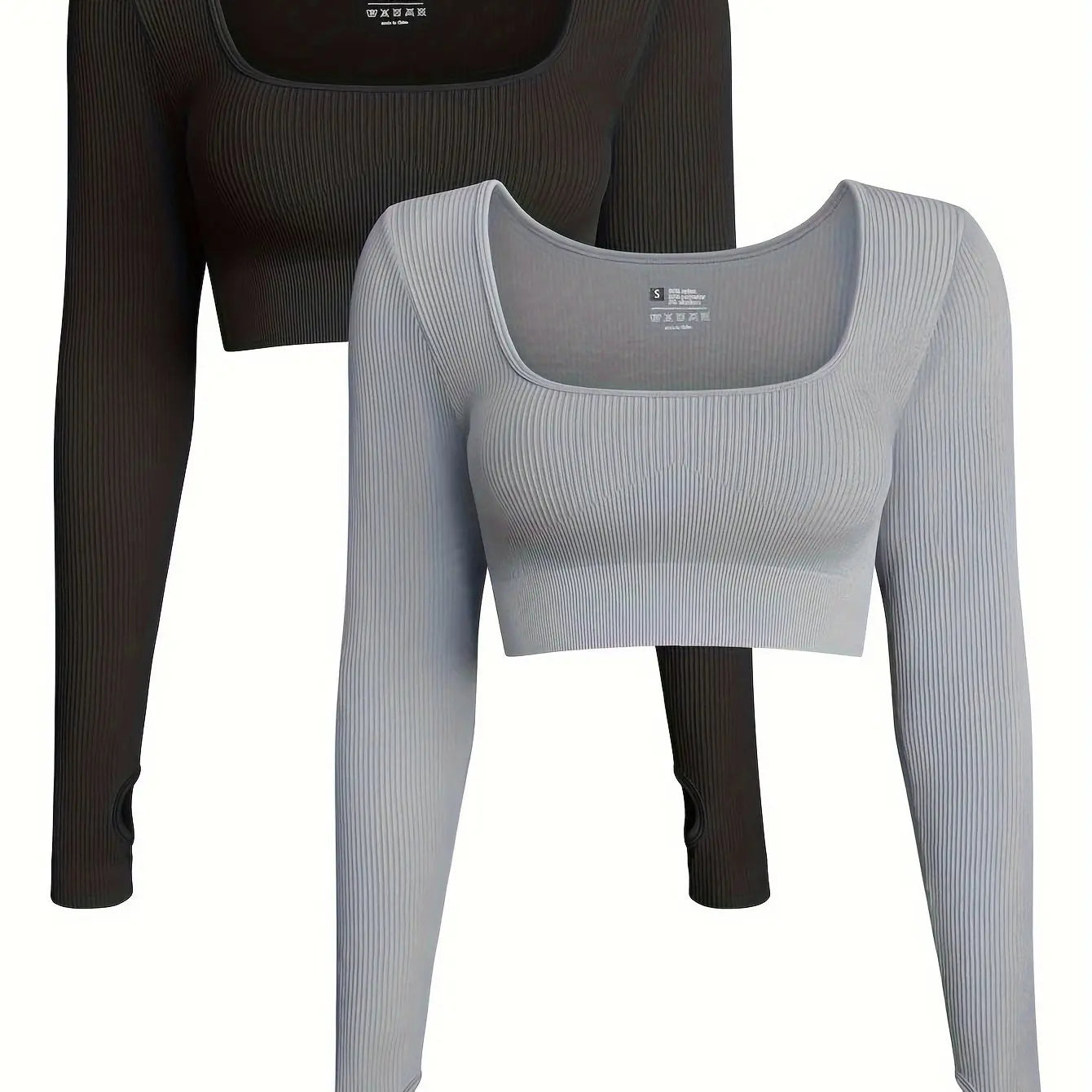 OQQ Women's 2 Piece Crop Top Ribbed Seamless Workout Exercise Long Sleeve Crop Tops Nova Trendz