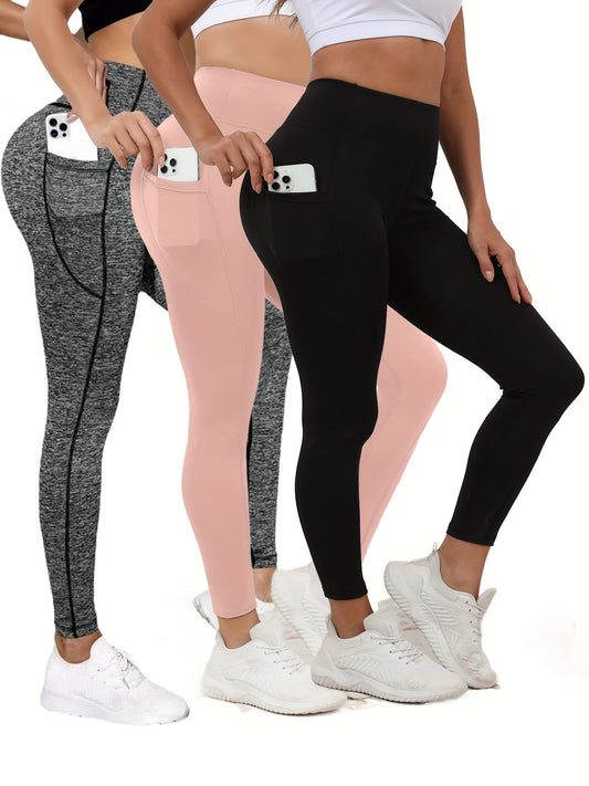 3pcs Slim-Fit Solid Color High Waist Stretchy Pocket Sports Tights - Women's Fitness Pants for Yoga, Gym, Exercise, and Activewear - Wide Waistband, Comfortable, Moisture-Wicking, and Four-Way Stretch for Fall and Winter