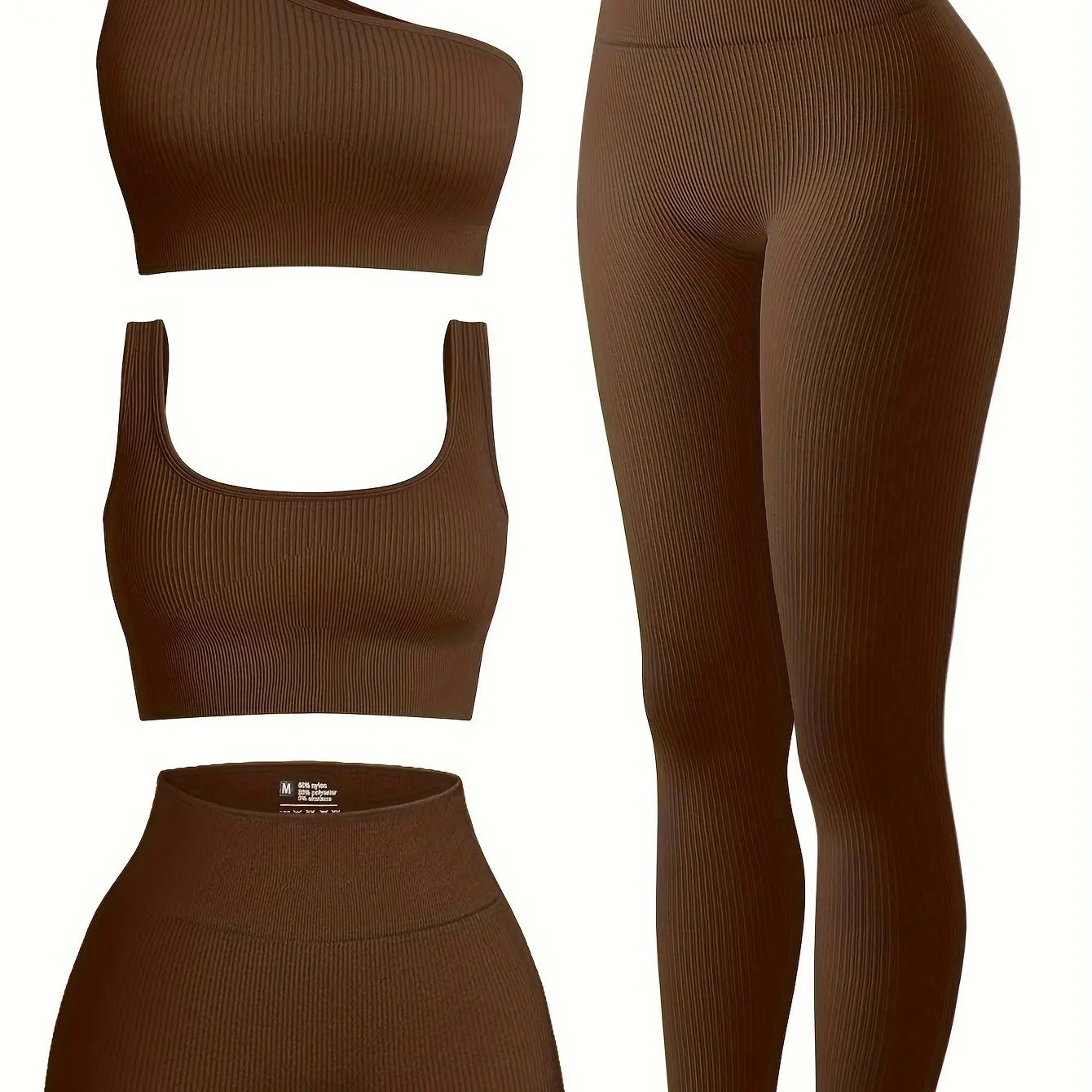 OQQ Women's 4pcs Ribbed Exercise Scoop Neck Sports One Shoulder High Waist Legging Active Set Bra Shorts Outfit, Beige, Large Nova Trendz