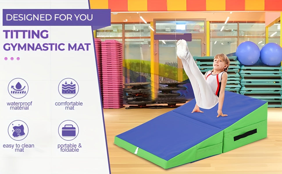 Gymnastics Mat Incline Tumbling Mats Yoga Mat For Home Gym, Folding Exercise Mat With Non-Slip PU Surface & Handles, Cheese Wedge Mat