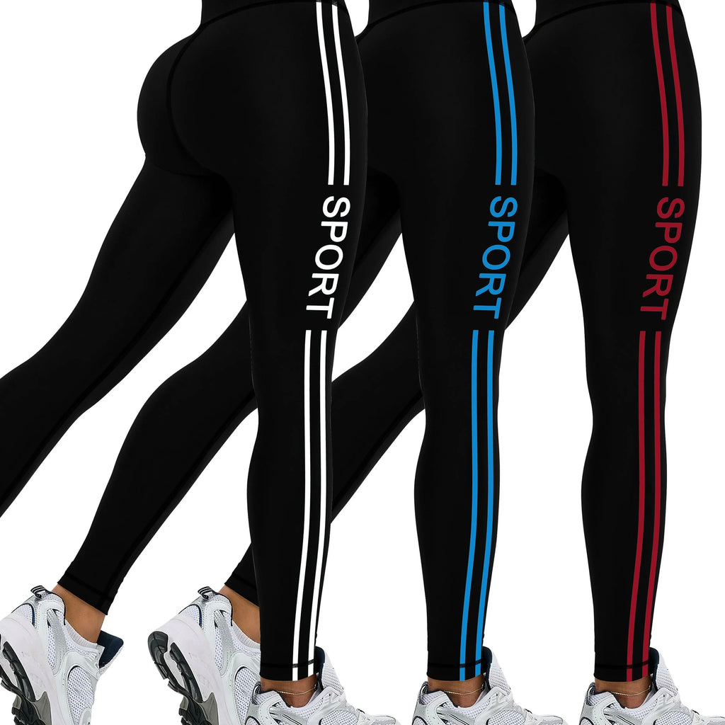 [Popular Choice] 3pcs Side Stripe Letter Print Running Training Fitness Yoga Black Tights, Outdoor Sports Exercise Elastic Abdominal High Waist Fashion Leggings, Women's Sportswear Tights Nova Trendz