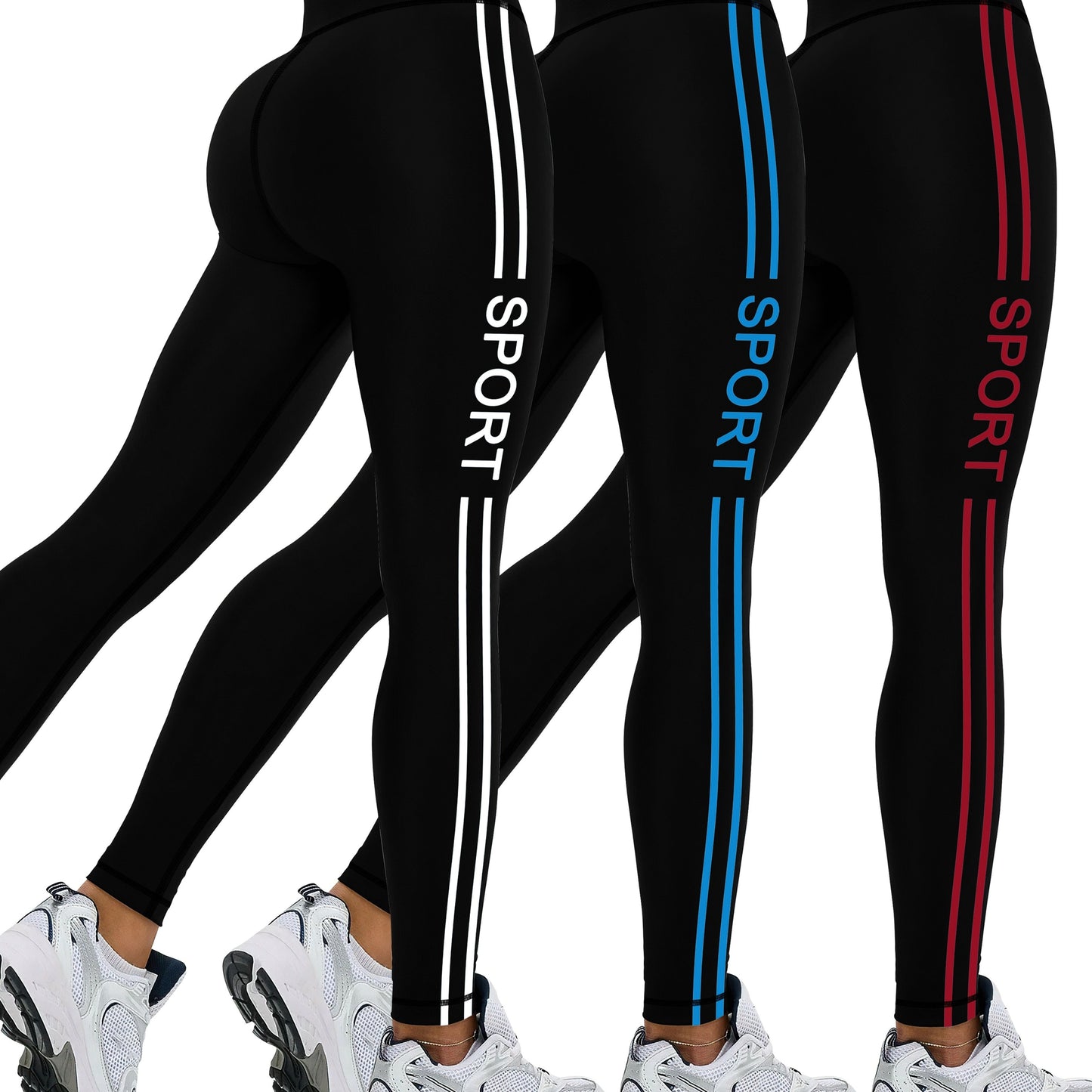 [Popular Choice] 3pcs Side Stripe Letter Print Running Training Fitness Yoga Black Tights, Outdoor Sports Exercise Elastic Abdominal High Waist Fashion Leggings, Women's Sportswear Tights