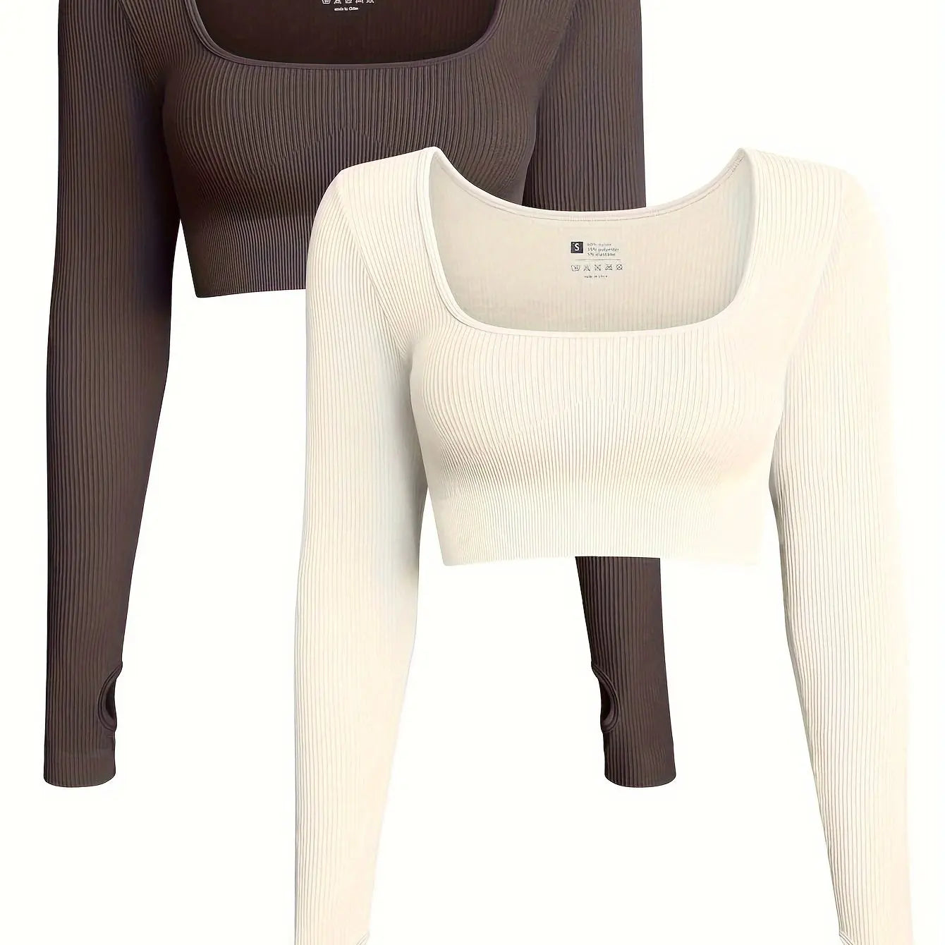OQQ Women's 2 Piece Crop Top Ribbed Seamless Workout Exercise Long Sleeve Crop Tops Nova Trendz