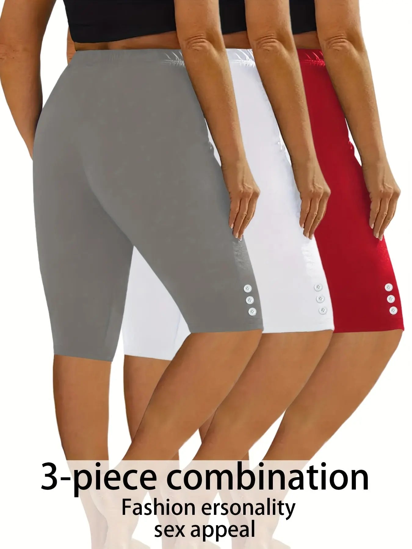 3-Pack Women's Fashion Casual Athletic Shorts - Solid Colors With Side Button Detail, Elastic Waistband, Comfy Sportswear For Daily Wear & Exercise - For Women - Suitable for Sports, Workouts & Casual Wear - Great Gift for Ac Nova Trendz